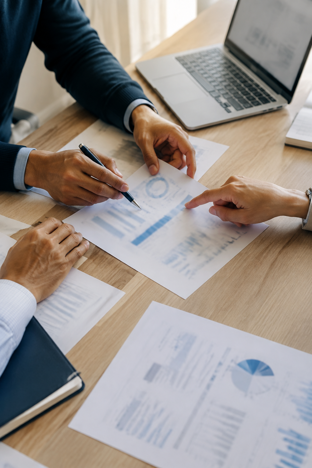 Asesores y cliente revisando información para tomar decisiones